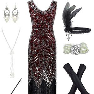 1920s Flapper Fringe Beaded Great Gatsby Party Dress with Costume Set